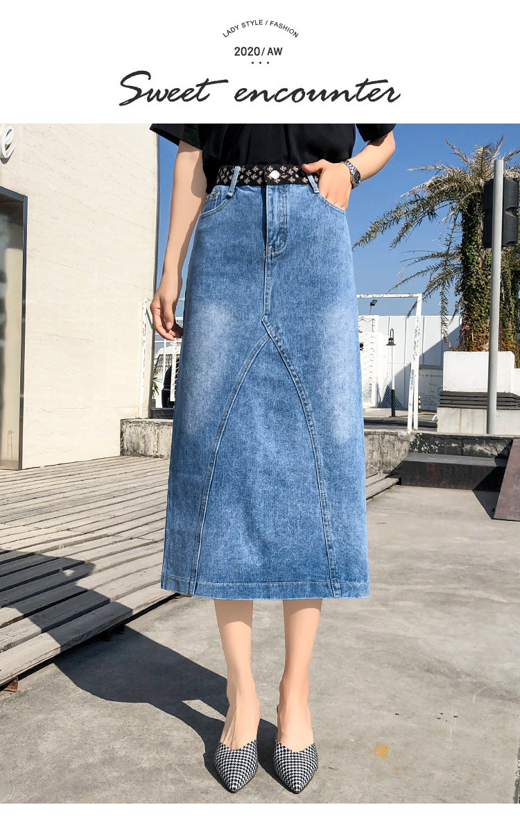 Plus Fat Plus Size One-Step Split Denim Skirt Mid-Length Female Skirt High Waist Bag Hip Long Skirt