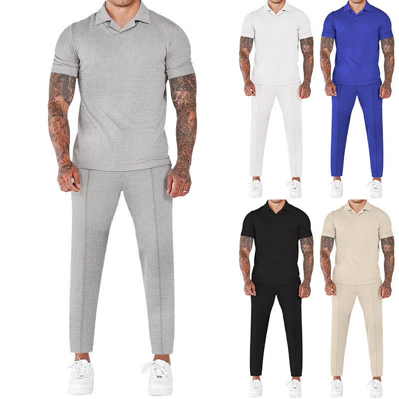 Men's Fashion Casual Waffle V-neck Polo Polo Short Sleeve Trousers Suit