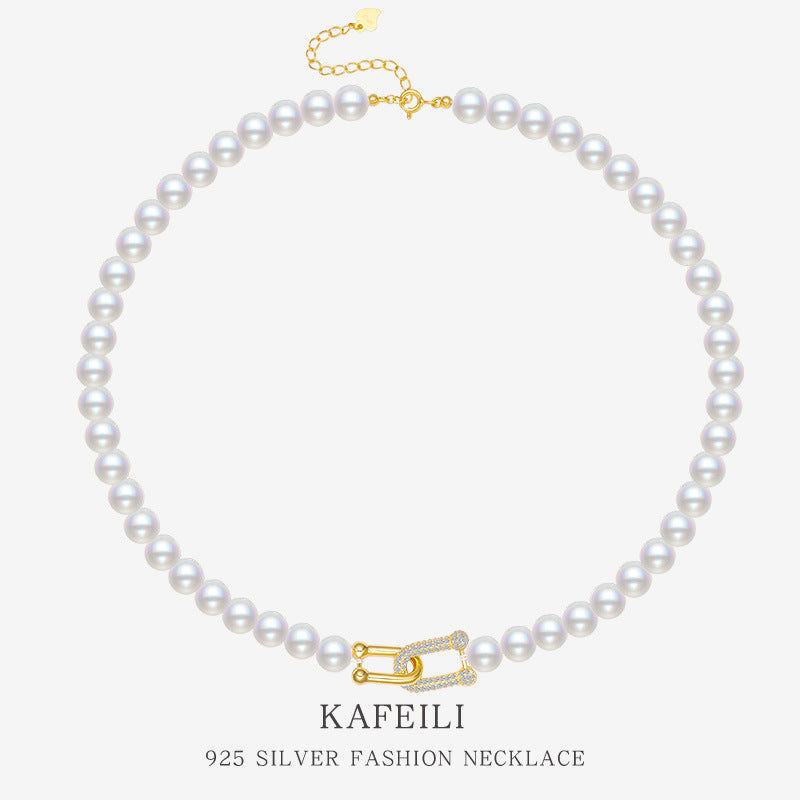 Vachette Clasp Shell Pearls Necklace 925 Silver Light Luxury Micro Inlaid Personalized Clavicle Chain