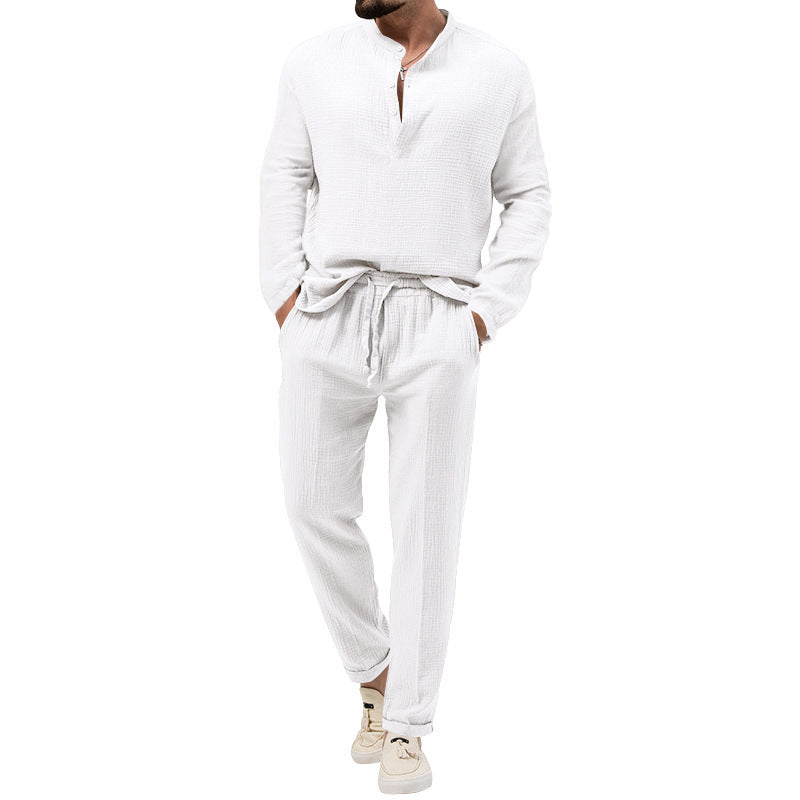 Men's Solid Color Casual Long Sleeve Shirt And Trousers Suit