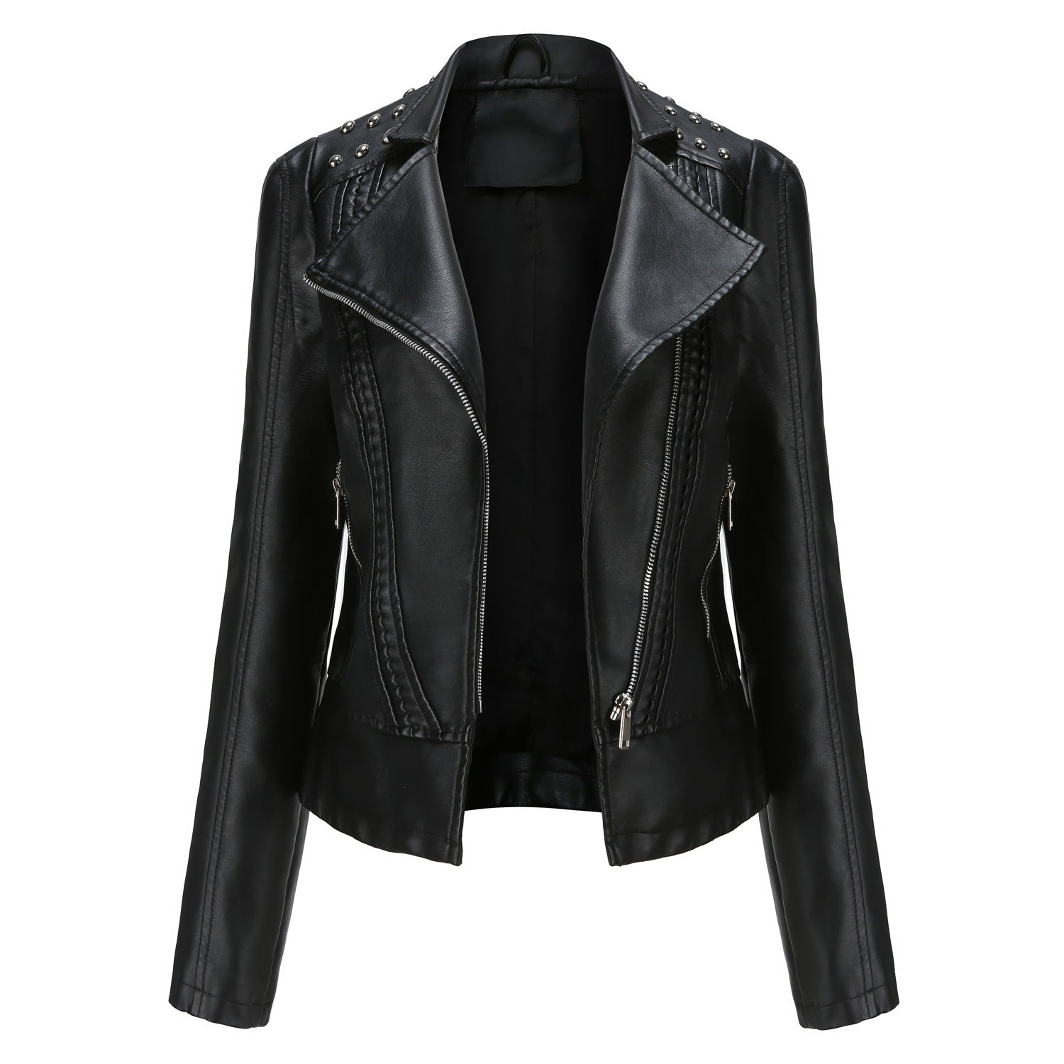 Beaded Leather Women's Long-sleeved Fashion Jacket Lapel Motorcycle Clothing Thin Women's Jacket