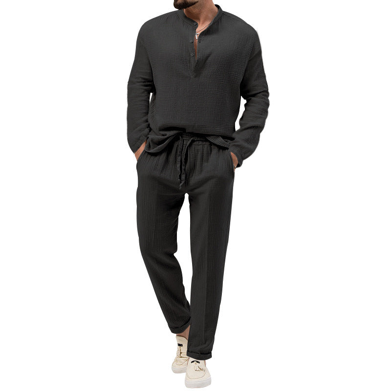 Men's Solid Color Casual Long Sleeve Shirt And Trousers Suit