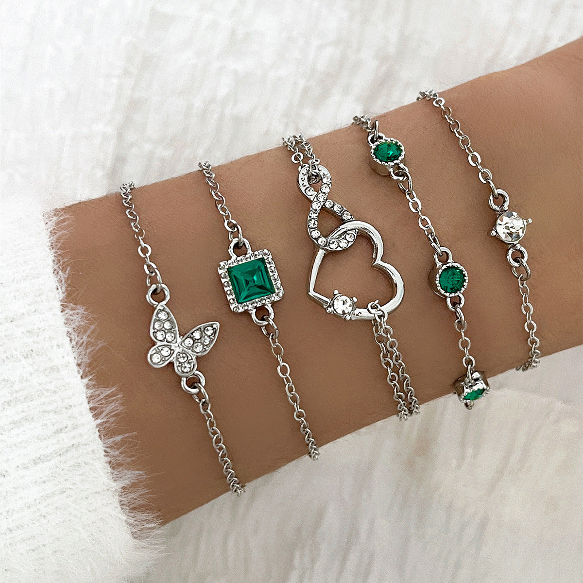 Bohemian 5pc Green Crystal Bracelets Jewelry Set For Women Heart Bracelet Wedding Engagement Bracelet Fashion Jewelry