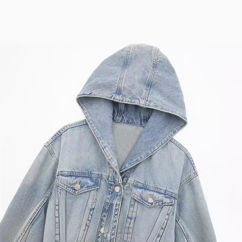 Hot Girls Washed Frayed Hem Hooded Denim Jacket Coat