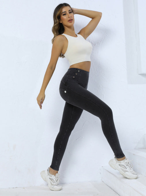 Skinny Yoga Pants Side Button Hip Lifting Women's Fitness Pants