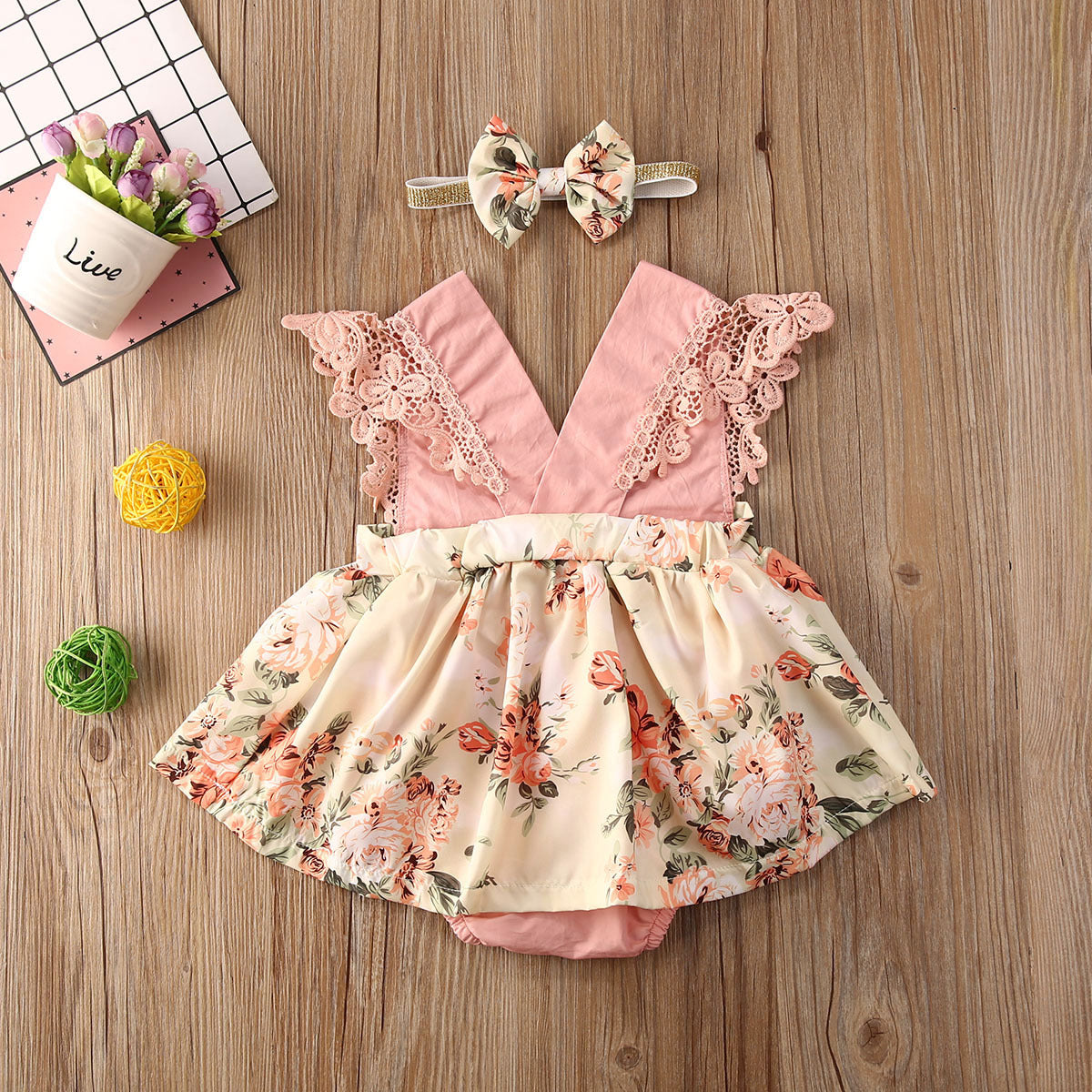 Girl Princess Clothes Baby Romper Girls Floral Lace V Neck Sleeveless  Jumpsuit Newborn Headband Kid Outfits Summer Clothing