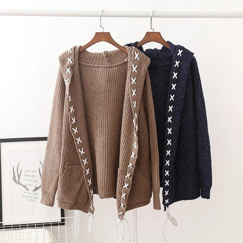 Women Hooded Tops Knitting Cardigan Sweater Coat Women Loose Sweater