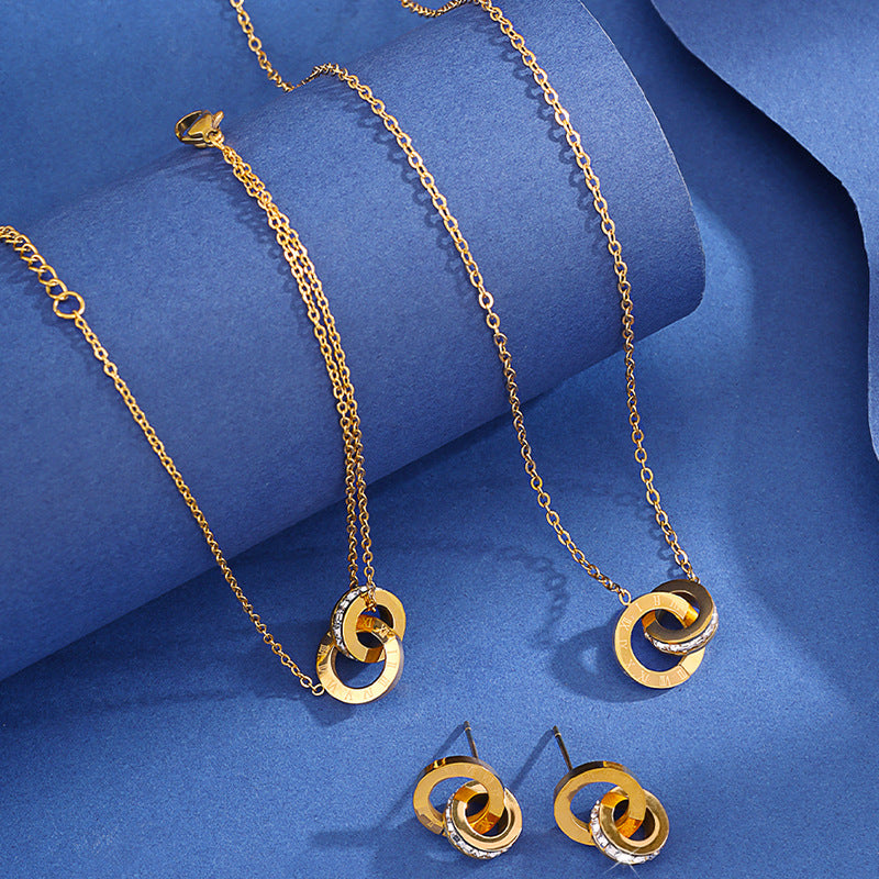 Fashion Double Ring Bracelet Necklace Ear Stud Three-piece Set