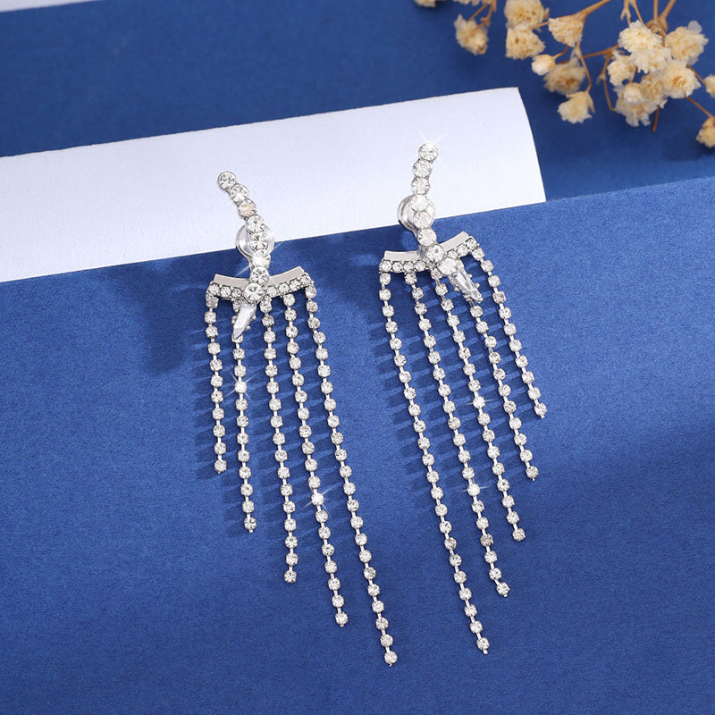 Zircon Long Tassel Stud Earrings For Women