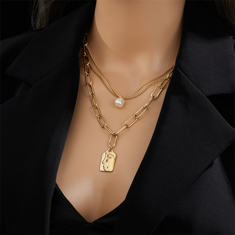 Fashion Jewelry Layered Face Portrait Chain Choker Necklace For Women Elegant Pearls Pendant Necklace Jewelry Accessories